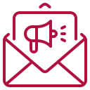 Mail with a media icon representing paid media and email campaigns.