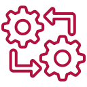 System integration icon showing interconnected gears and directional arrows.